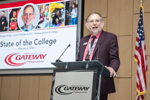Gateway Technical College Interim President and CEO Morgan Phillips speaking at the 2026 State of the College address.