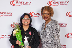 Kimberlyn Marquez, 2026 Gateway Technical College Rudy’s Red Hawk Champion of the Year with Tammi Summers, Vice President of Student Affairs 