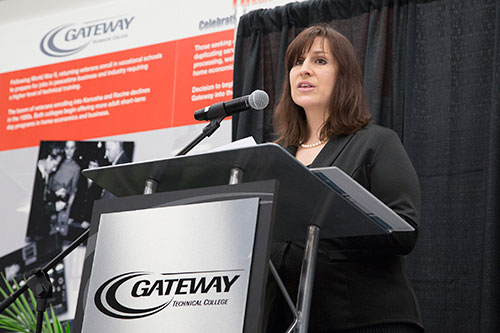 Scholarship award winner and Gateway student Amy Crum delivers some prepared remarks at the college's annual Gateway Technical College Foundation awards ceremony held on the Kenosha Campus.