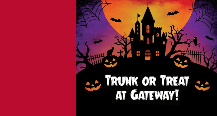 Fun graphic for Trunk or Treat at Gateway with a cartoon haunted house, bats, a full moon and jack-o-lanterns