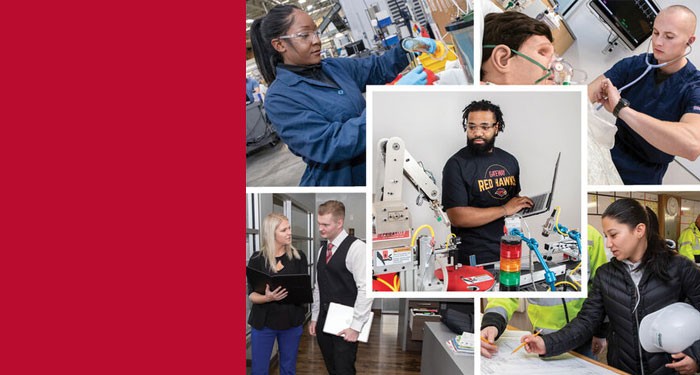 Photo collage of students learning techniques in various programs