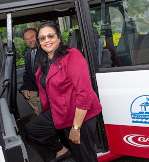 Ritu Raju with Badger autonomous vehicle