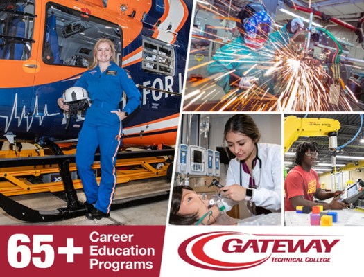 Gateway Technical College logo with collage of student photos. 65+ college education programs