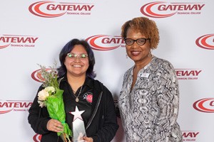 Kimberlyn Marquez, 2026 Gateway Technical College Rudy’s Red Hawk Champion of the Year with Tammi Summers, Vice President of Student Affairs 