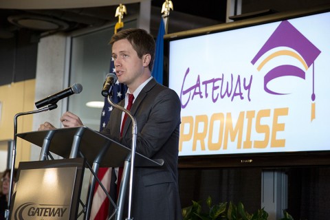 James Schuelke, deputy director of Civic Nation, congratulates Gateway on its Promise program. Schuelke also read a letter from President Obama congratulating the college on the program.