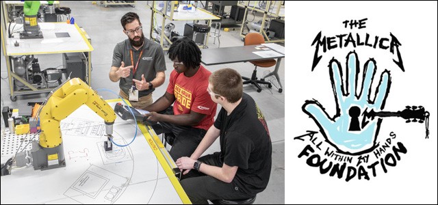 Advance Manufacturing students with robotic arm and the Metallica All Within Your Hands Foundation logo