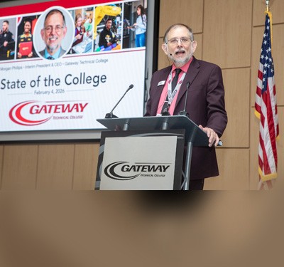  Gateway Technical College Interim President and CEO Morgan Phillips speaking at the 2026 State of the College address.