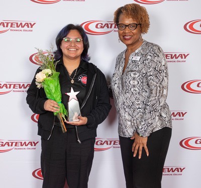Kimberlyn Marquez, 2026 Gateway Technical College Rudy’s Red Hawk Champion of the Year with Tammi Summers, Vice President of Student Affairs 